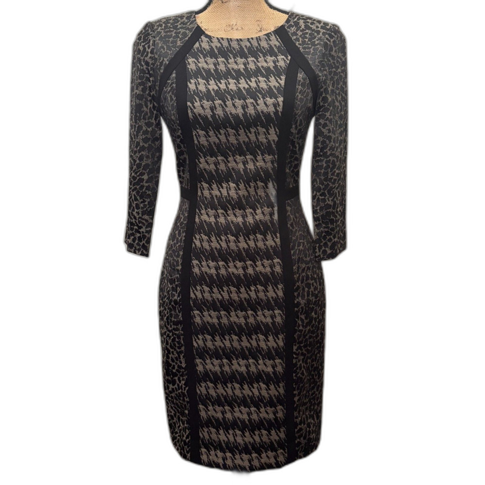 Antonio Melani Kravitz Sheath Dress Black Tan Houndstooth Animal Print Size 2